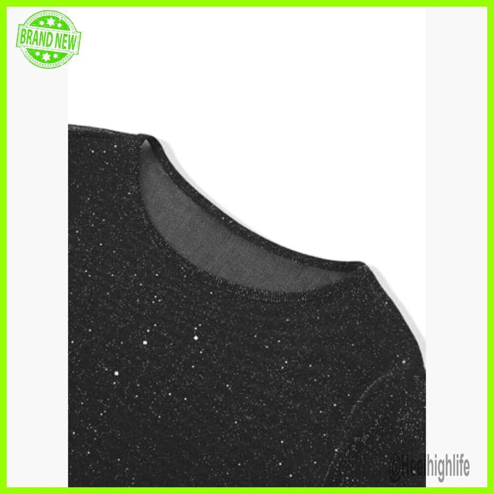 Sheer Mesh Crop Top Long Sleeve Sexy Glitter Tee Loose Fit - Picture 3 of 6
